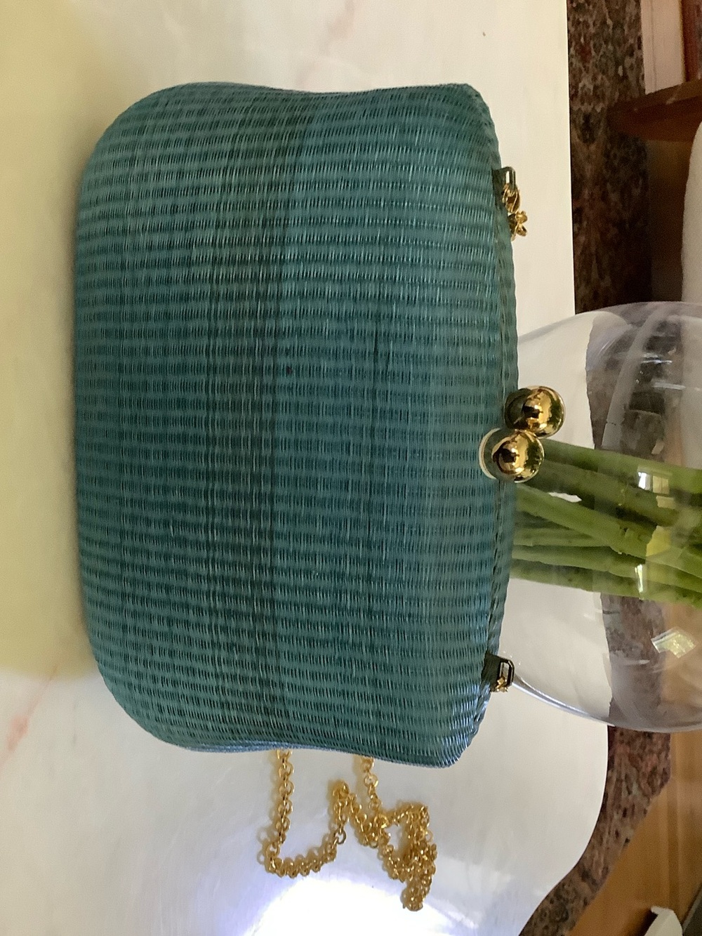 Serpui Woven Teal Clutch with Gold Chain Strap